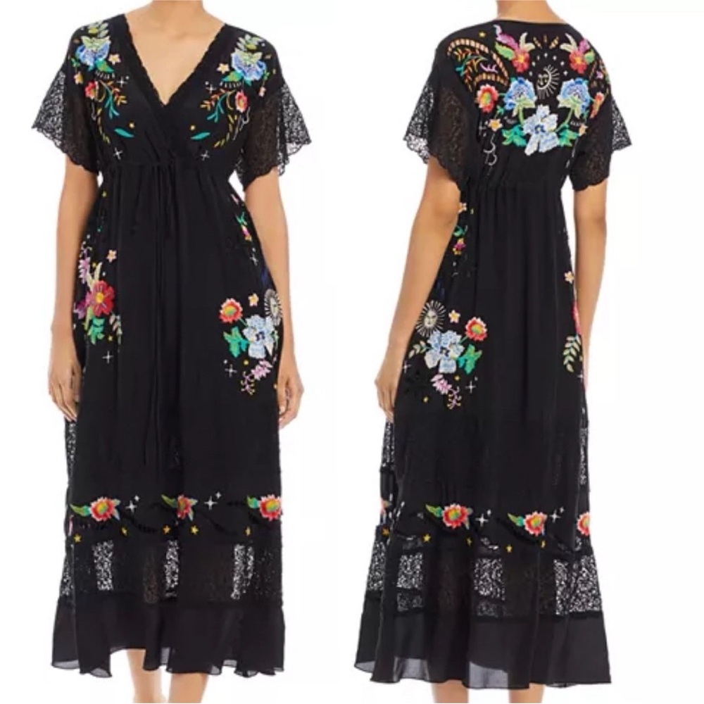 Johnny Was Amapola Floral-embroidered
Silk Maxi Dress Large